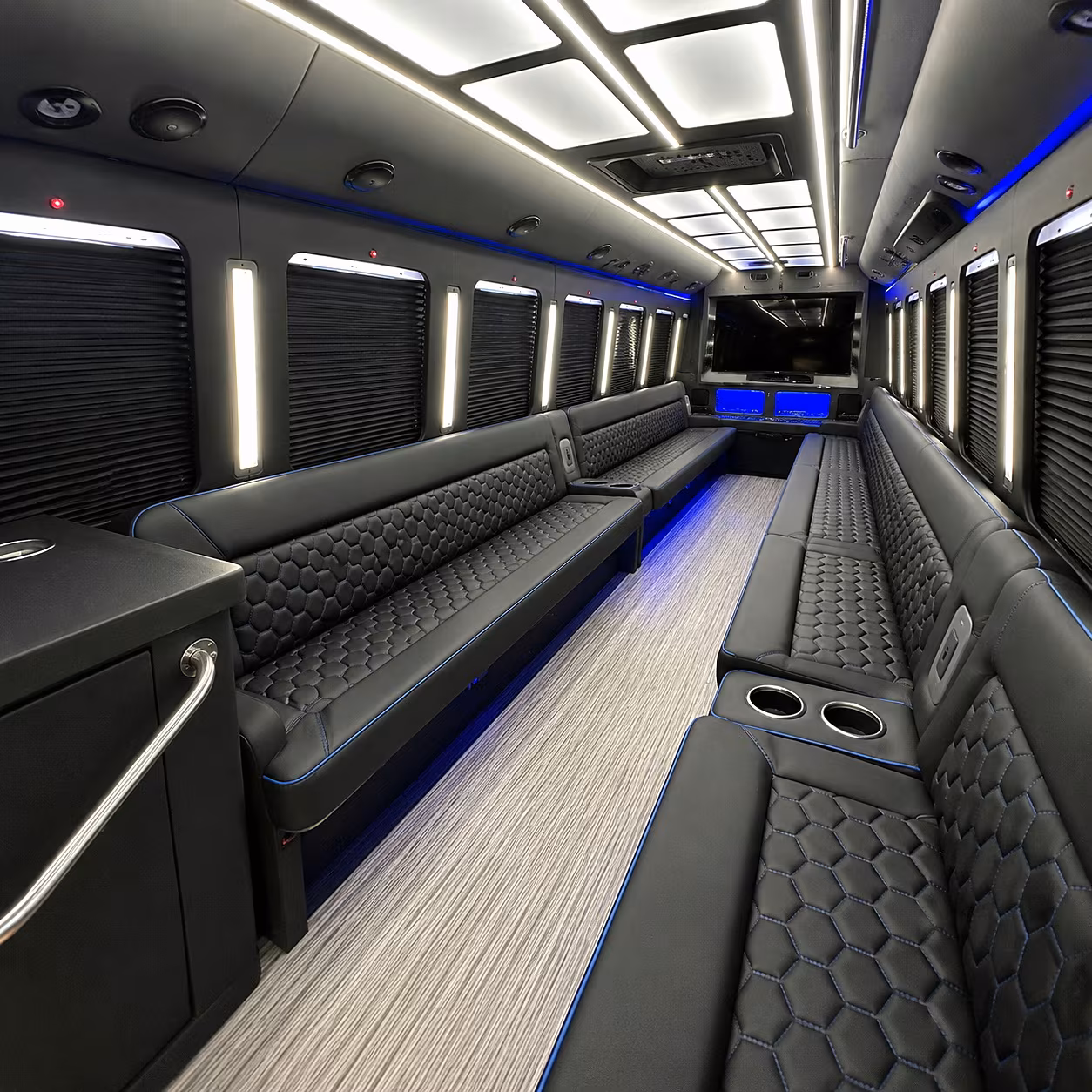 Interior of a party bus rental serving Tulsa